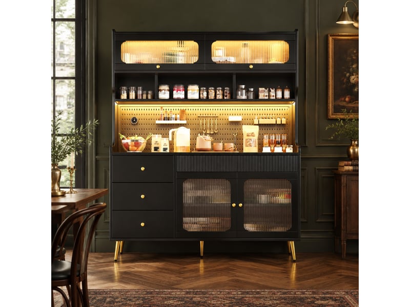  Buffet haut de rangement avec porte relevable, tiroir, étagères en verre et led pour cuisine en mdf noir 145×39×171 cm  - Conforama B
