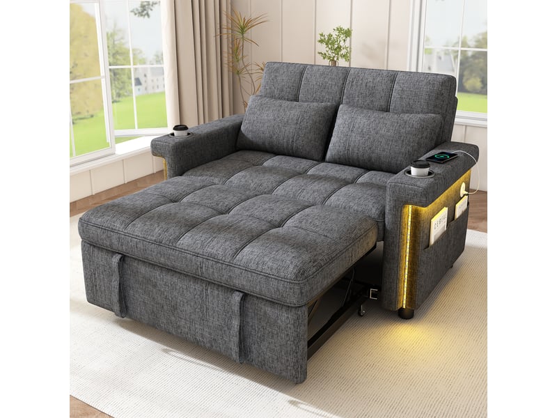  Canapé convertible en lit 145 cm, 2 places avec dossier réglable 3 positions, led, usbtype-c, porte-gobelets, poche latérale, chenille, gris  - Conforama E
