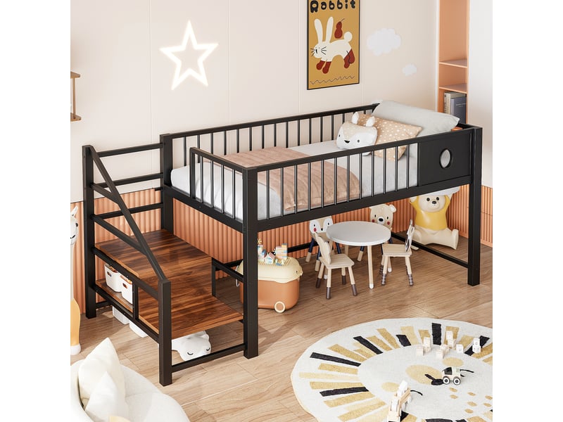  Lit mezzanine 90 x 200 cm, avec échelle de rangement, structure métallique robuste, noir  - Conforama B