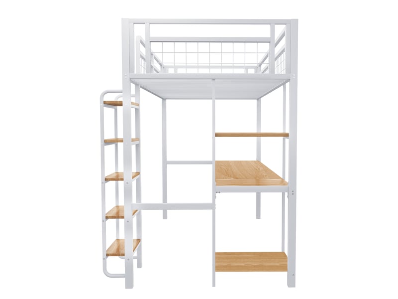  Lit mezzanine enfant 90x200 cm avec table, étagère, garde-corps, escalier, sommier, métal blanc, sans matelas  - Conforama R