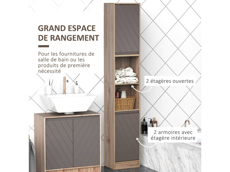  Meuble colonne salle de bain à 6 niveaux, meuble de rangement étroit avec 2 portes, 2 compartiments ouverts et étagère réglable, pour toilette, 30 x 24 x 170 cm gris et chêne, petits espaces  - Conforama A