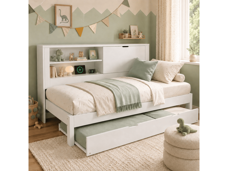  Lit banquette 90x190 cm avec lit gigogne 90x190 cm rangements intégrés usb usb-c sommiers à lattes mdf blanc Bliss Lite - Conforama E