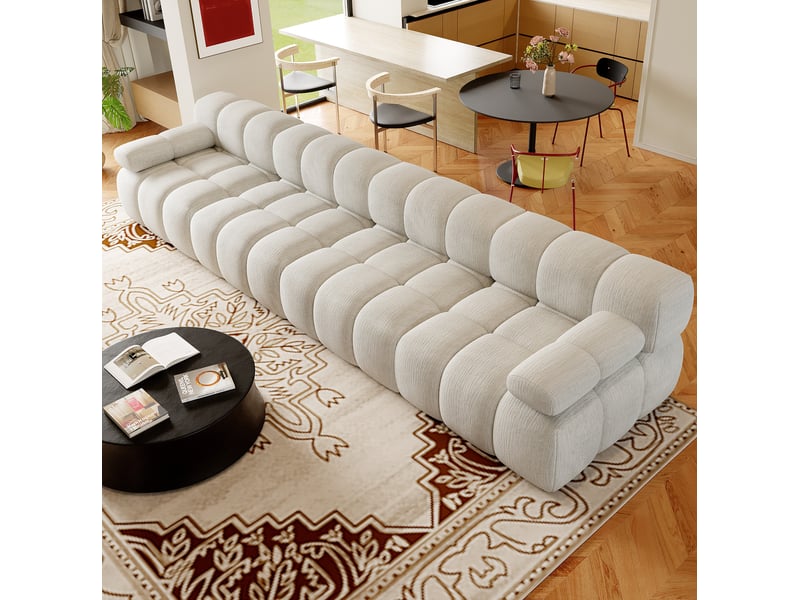  Canapé droit compressé 4 places 400x100x68 cm en mousse douce et tissu chenille couleur blanc, moderne  - Conforama D