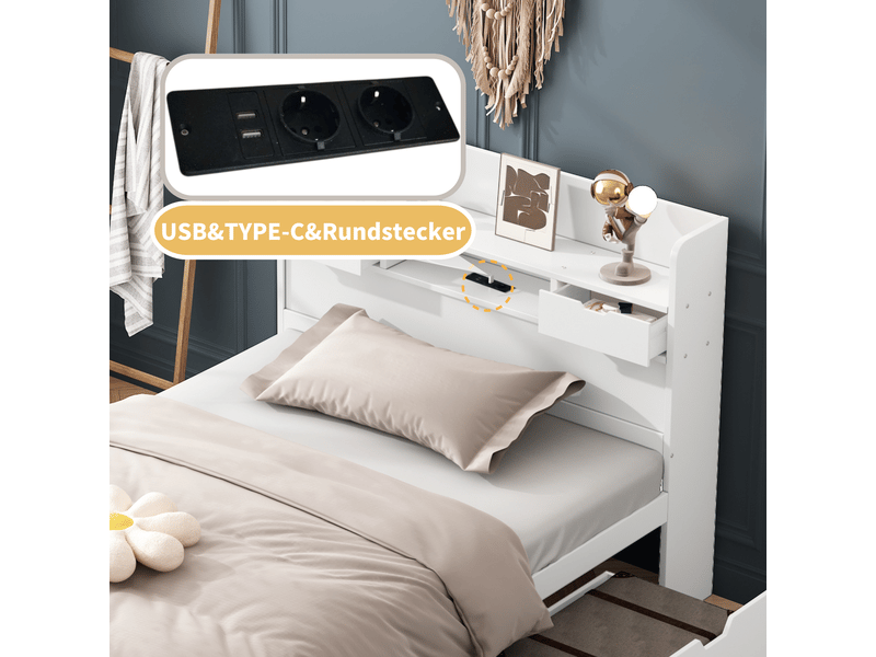  Lit simple 90x190 cm blanc - port usb, tiroir intégré, grand rangement, matelas non inclus  - Conforama R