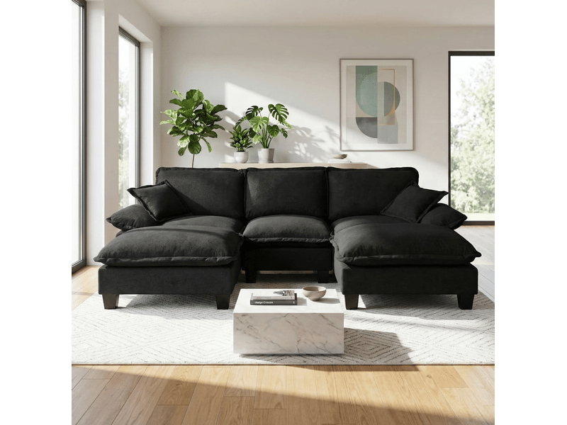 Canapé d'angle modulaire u 264x155x90 cm, 5 places, 2 poufs mobiles, 2 coussins, chenille noir - Conforama D