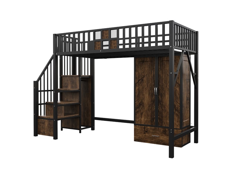  Lit mezzanine avec grande penderie et rangements, métal noir, 90x200 cm, tiroirs et échelle-rangement  - Conforama D