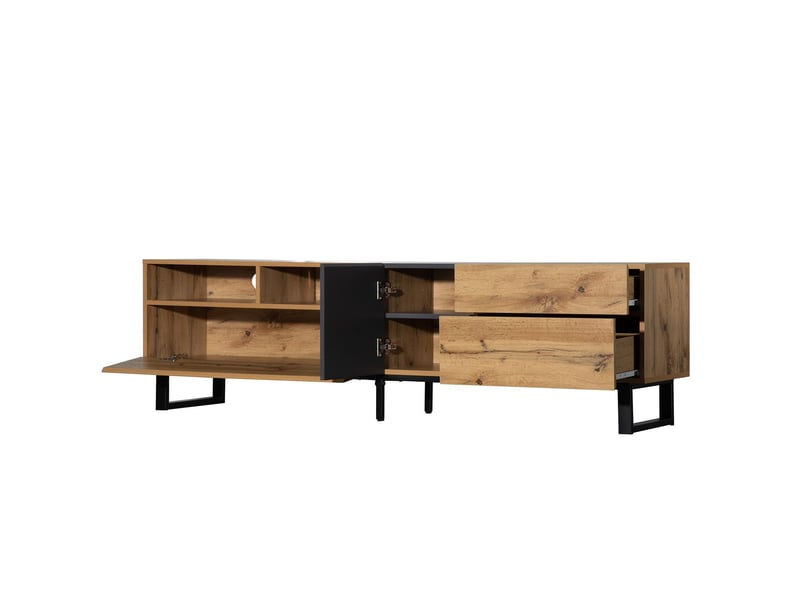  Meuble tv 180cm, design moderne avec effet bois et rangement meuble tv contemporain  - Conforama E