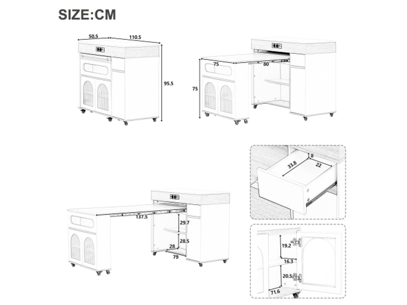 Îlot de cuisine sur roulettes avec table extensible et multiprises encastrées – verre strié, buffet blanc et noyer - Conforama C