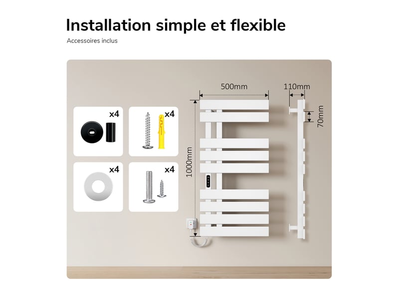  Emke sèche-serviettes électrique salle de bain wifi 320w blanc 1000 x 500 mm chauffage sec mural  - Conforama E