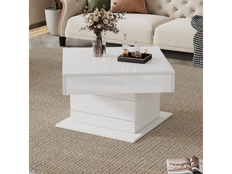 Table basse carrée 70x70 cm avec plateau relevable, finition blanche brillante, table de salon pivotante à 360 degrés - Conforama E