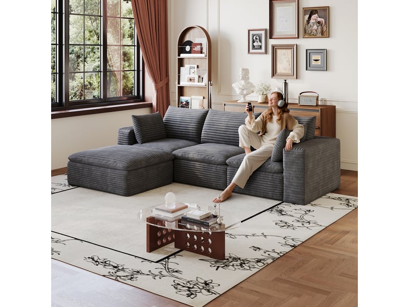 Grand canapé nuage 260 cm en velours côtelé gris foncé, déhoussable et sans montage pour salon et appartement - Conforama E