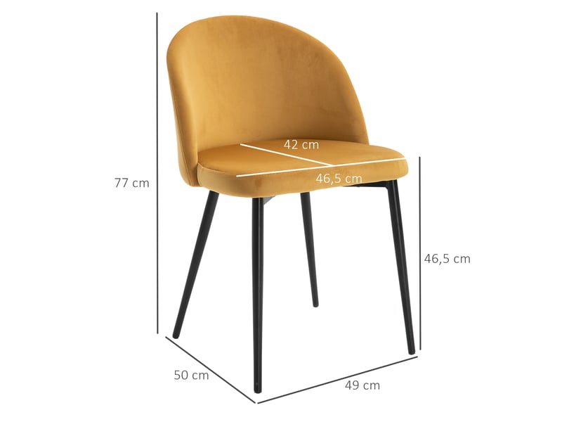  Lot 2 chaises salle à mangercuisine scandinaves, velours rembourré, pieds métal effilés, salonsalle à manger, jaune.  - Conforama E