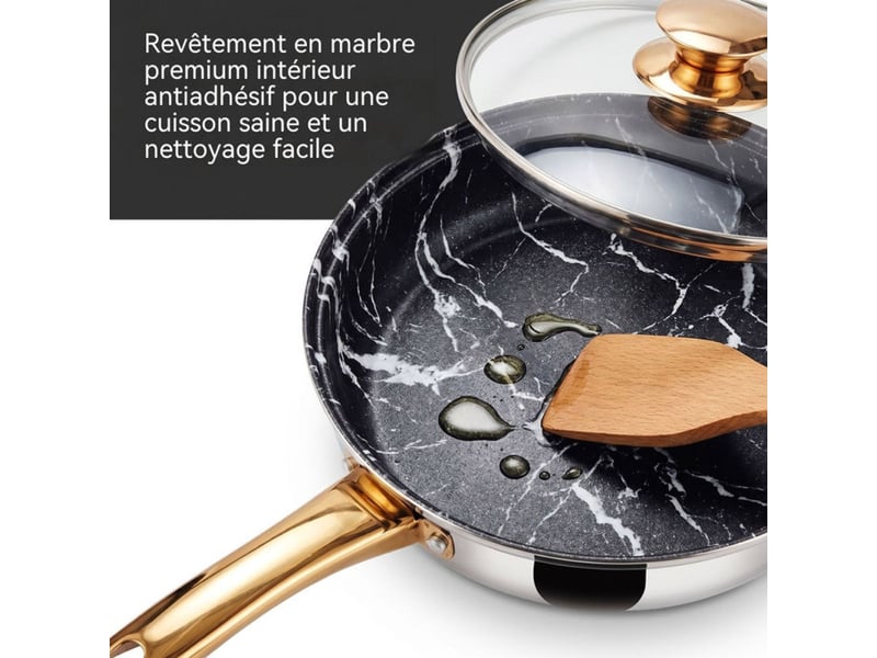 Set de 6 casseroles inox 201 avec couvercles verre teinté finition dorée base 5 couches compatible induction 414350_AABYE66833_6_DROPFR - Conforama C