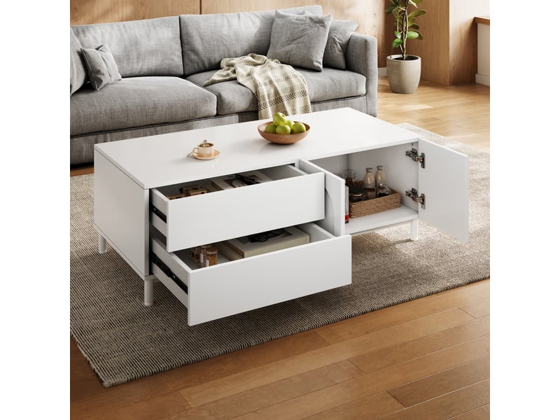  Table basse 100x50x39,5 cm, 2 tiroirs, 2 portes, grand rangement, style scandinave, pieds métal pour salon et séjour - blanc  - Conforama D