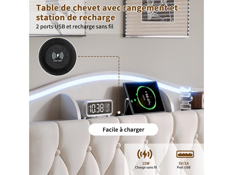 Kefsr lit coffre 140x190 cm en velours beige - lit adulte 2 places avec sommier relevable, éclairage led rgb, tête de lit avec rangement et prise usb charge sans fil - Conforama R