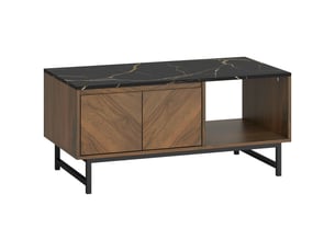 Table basse, table de salon, plateau effet marbre, 2 portes et 2 niches ouvertes, noyer, 100 x 50,8 x 45,7 cm
