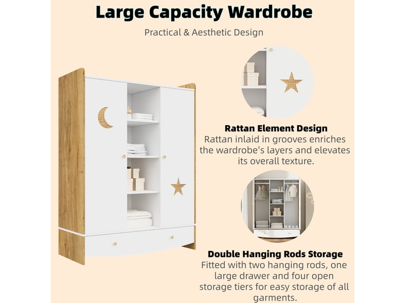 Armoire enfant avec 2 portes, tiroir, 4 niches et 2 tringles, décor étoile et lune, en mdf blanc et bois naturel - Conforama E