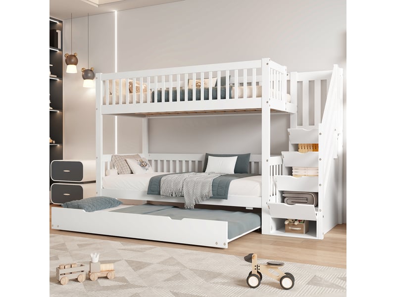 Lit superposé 90 x 200 cm avec lit gigogne 90 x 190 cm, 3 couchages, escalier de rangement et garde-corps, bois massif et mdf - blanc OMNIGLINT TRADING LTD - Conforama C