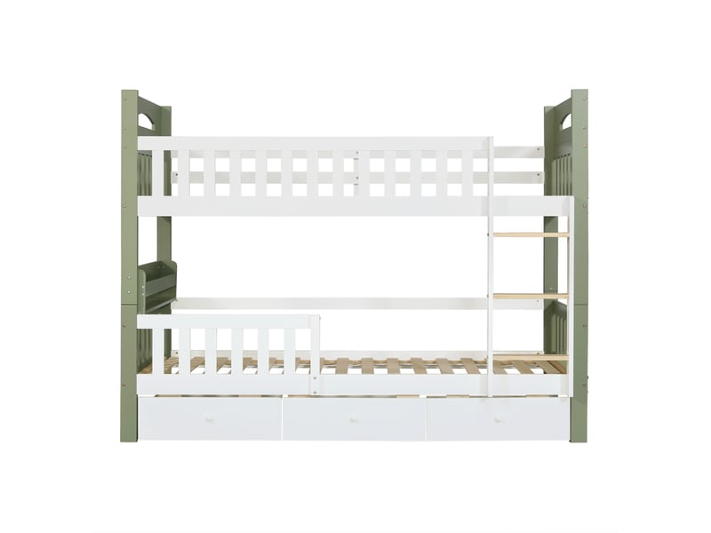  Lit superposé enfant 2x90x200 cm avec 3 tiroirs, blanc et vert, sans matelas  - Conforama R
