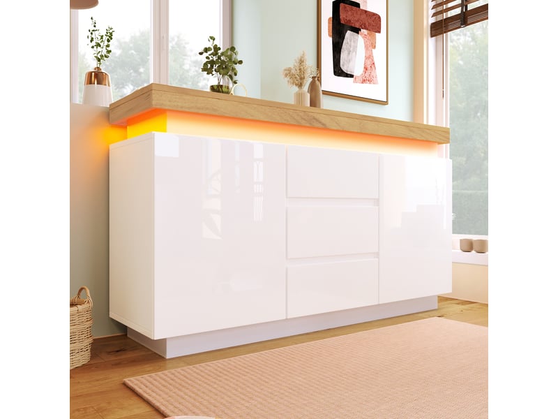 Buffet 140 cm, 2 portes, 3 tiroirs, éclairage led, étagères réglables, façade brillante, mdf, rangement pour séjour ou chambre - blanc C-DEGAYUN - Conforama B