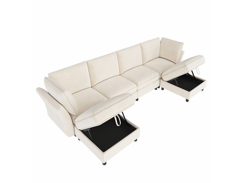  Canapé d'angle modulable en u, tissu chenille beige 6 places, avec poufs de rangement &amp; coussins amovibles pour salon et grand appartement.  - Conforama A