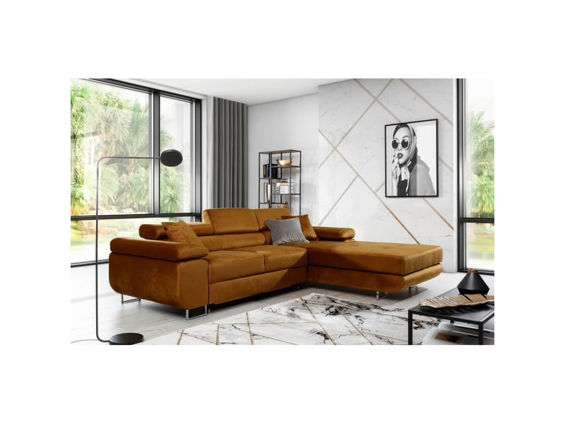 Canapé d'angle convertible amanda jaune effet velours avec coffre - Conforama B