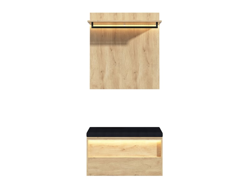  Set d'entrée avec porte-manteau mural et banc à chaussures 90x47x145 cm, led, mdf, bois clair, meuble d'entrée pratique  - Conforama E