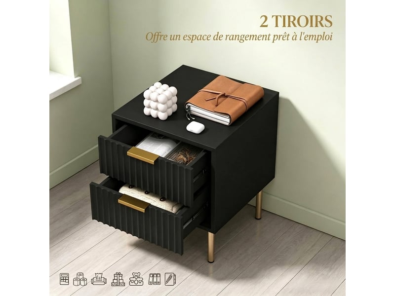  Table de chevet noire avec 2 tiroirs, façade cannelée et pieds en acier, 40x39x48 cm  - Conforama E