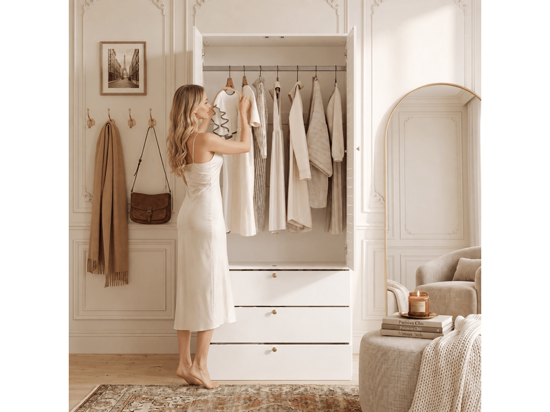  Armoire blanche 90x50x200 cm avec 2 portes battantes persiennes et 3 tiroirs  - Conforama B