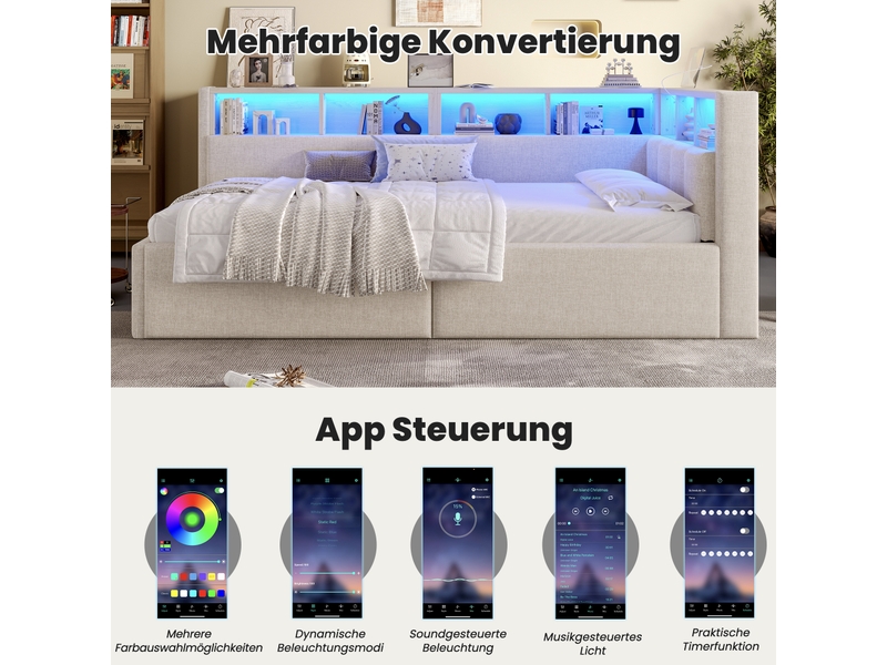  Lit de jour 90x200 cm en lin beige - rangement hydraulique, led multicolore, ports usb et type-c  - Conforama D