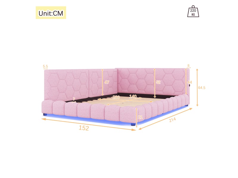  Canapé lit rose lit de jour 140x200 avec led 16 couleurs et ports usb  - Conforama C
