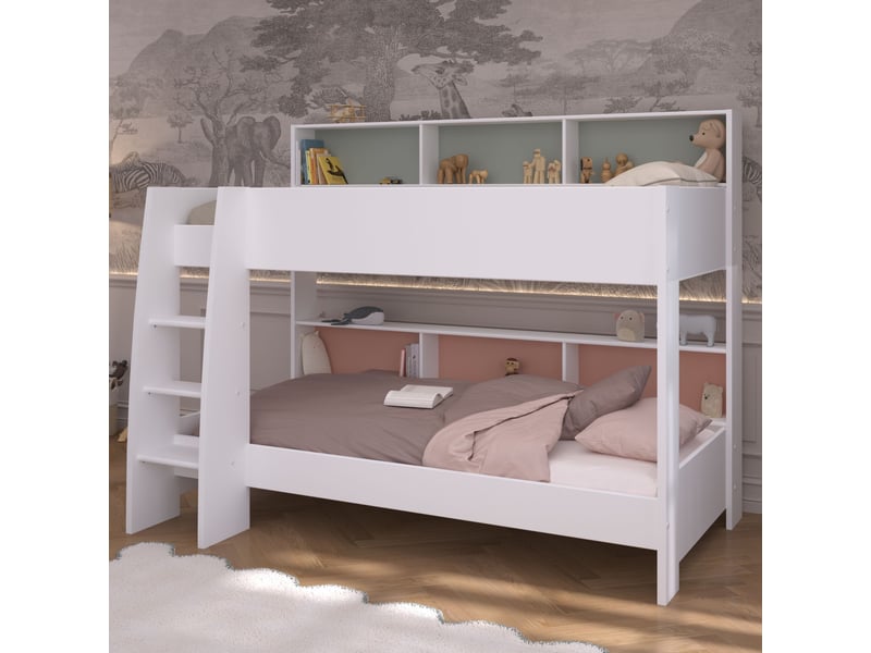  Lit superposé avec rangements 90x200 blanc, terracotta et vert céladon  - Conforama B
