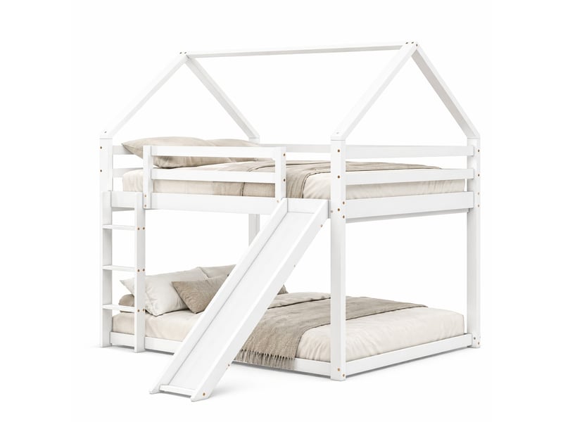  Lit superposé enfant forme maison, 2 couchages 200×140 cm, avec toboggan et échelle interchangeables, blanc  - Conforama A
