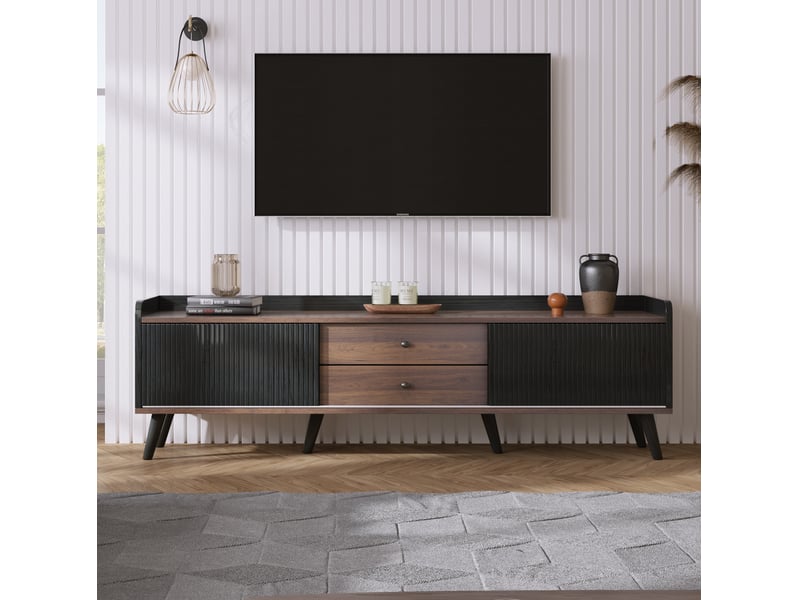  Meuble télévision bas 160x40x58 cm 2 portes coulissantes, 2 tiroirs, pieds bois, panneau particules e1, noir et bois  - Conforama D