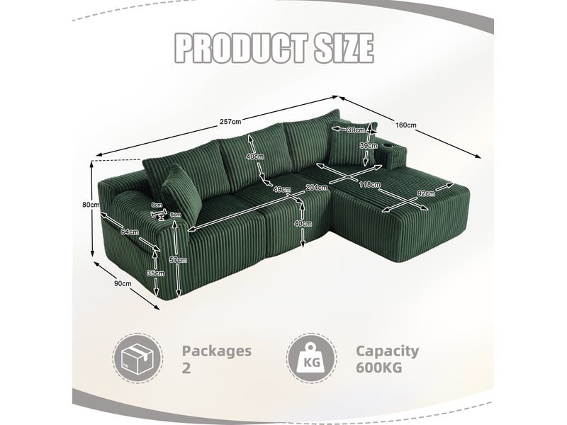  Canapé modulable 3 places 257x160x62 cm avec chaise longue, velours côtelé, vert émeraude  - Conforama C