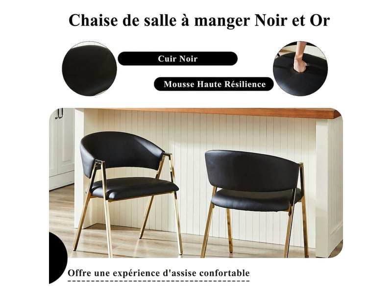  Lot de 2 chaises de salle à manger, chaises en similicuir noir avec pieds dorés, style contemporain pour salon et salle à manger.  - Conforama R