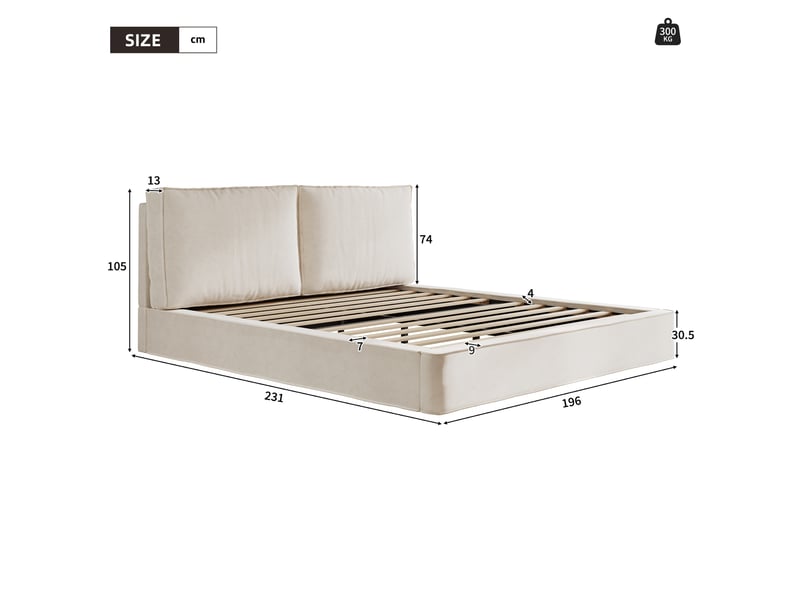  Lit double 180x200 cm, lit rembourré, sommier à lattes, tête de lit rembourrée, tissu chenille beige  - Conforama W