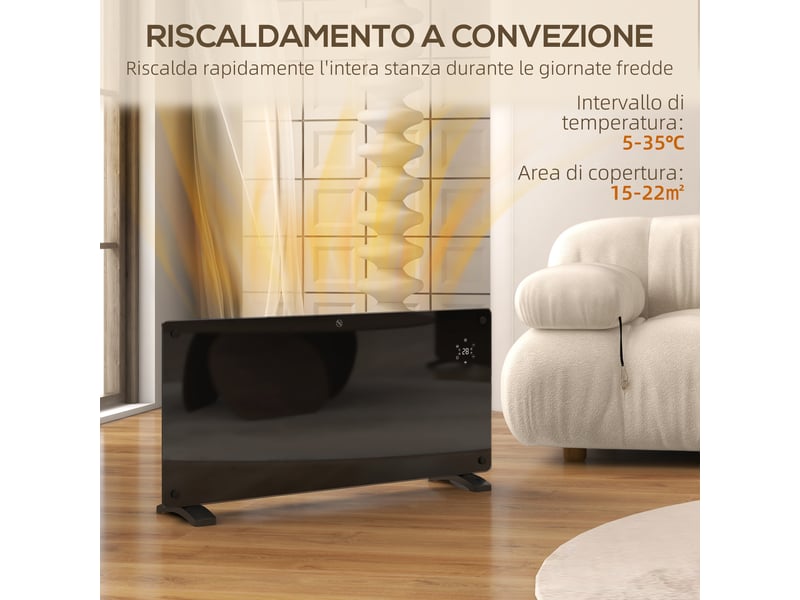  Chauffage à convection 2000 w, température réglable avec télécommande, minuterie 24 heures et hebdomadaire, noir  - Conforama E