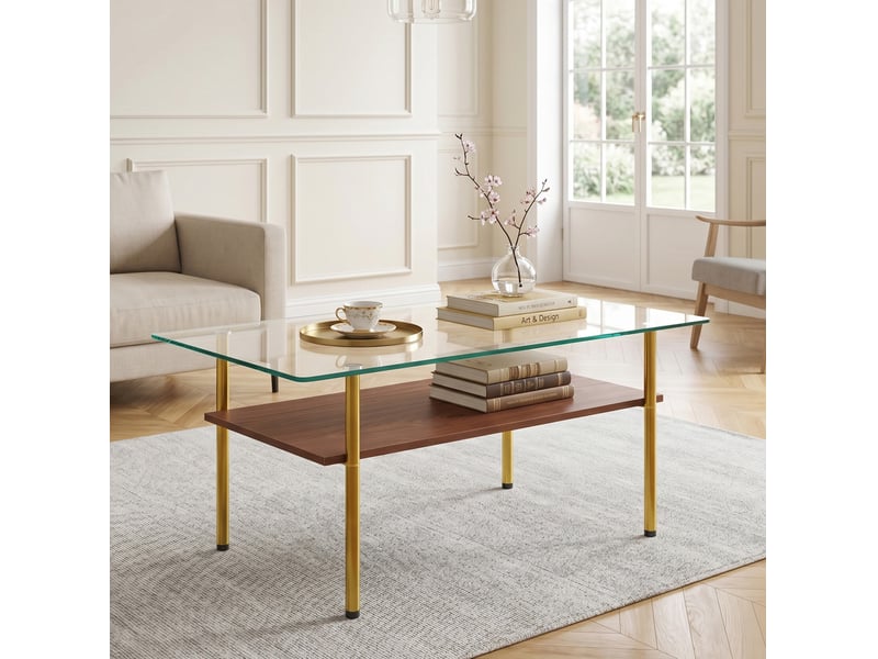  Table basse rectangulaire 98x58 cm en verre trempé, mdf et métal doré brun  - Conforama B