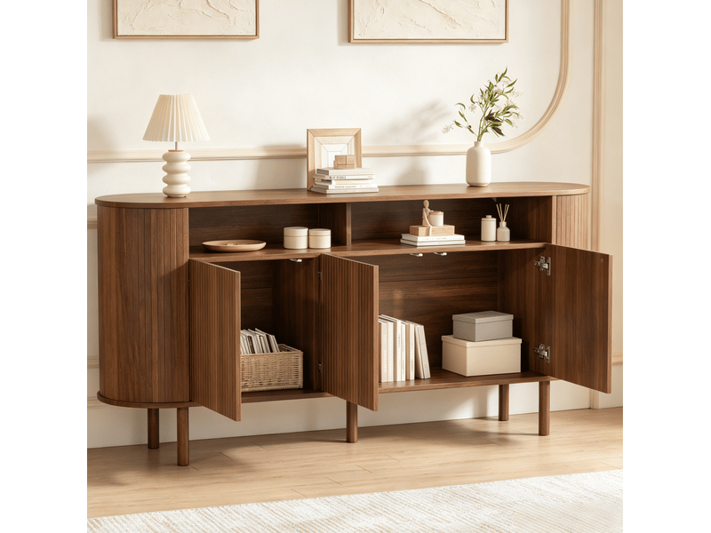 Buffet bas 160 cm avec 3 portes et niche ouverte, coloris noyer homvra - Conforama C