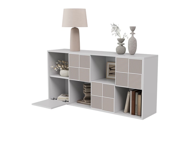  Bibliothèque 8 cases - 60x30x125cm - meuble de rangement modulaire étagères ouvertes &amp; portes cannelées - blanc  - Conforama A