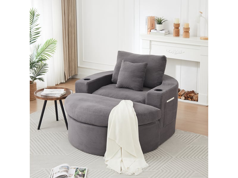 Fauteuil lounge xxl 156 x 136 x 88 cm avec pouf, rangement, porte-gobelet et double coussin, velours côtelé, mousse et ressorts, gris OMNIGLINT TRADING LTD - Conforama E