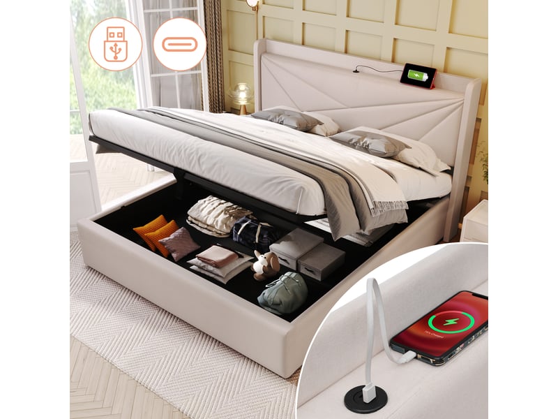  Lit capitonné 140x200 avec rangement de tête, ports usb type-c, coffre, beige, sans matelas  - Conforama D