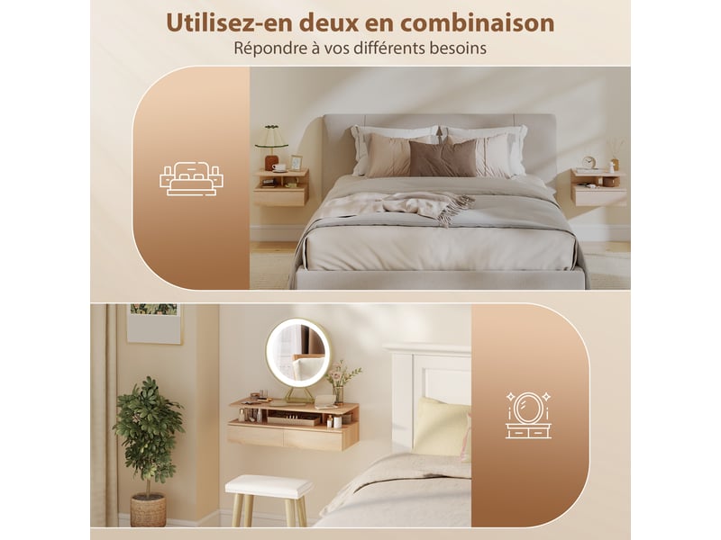 Lot de 2 tables de chevet murales, tables de nuit suspendues avec tiroir, étagère ouverte, 35x32x22,5cm, chêne  - Conforama R