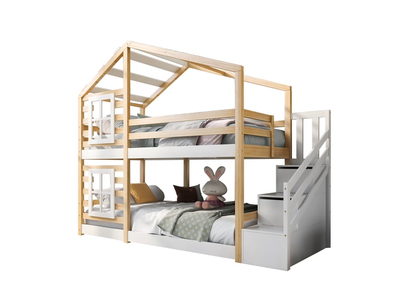  Lit d'enfant 90x200cm, lit multifonctionnel avec escalier, lit superposé avec 2 sommiers à lattes  - Conforama A