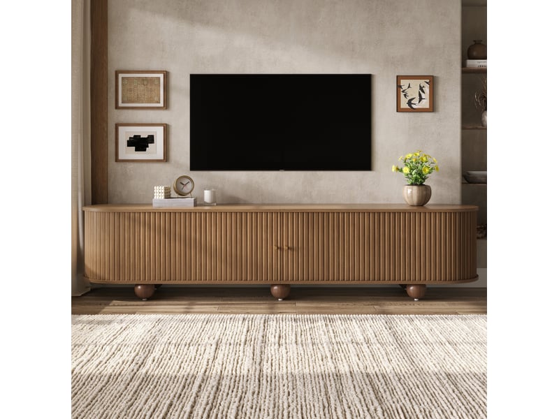  Meuble tv noyer 180x35x45 cm avec 2 portes coulissantes rainurées et passe-câbles  - Conforama B