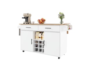 Desserte de cuisine à roulettes avec 2 tiroirs, plateau rabattable et range-bouteilles, blanc, 120 × 45 × 84 cm