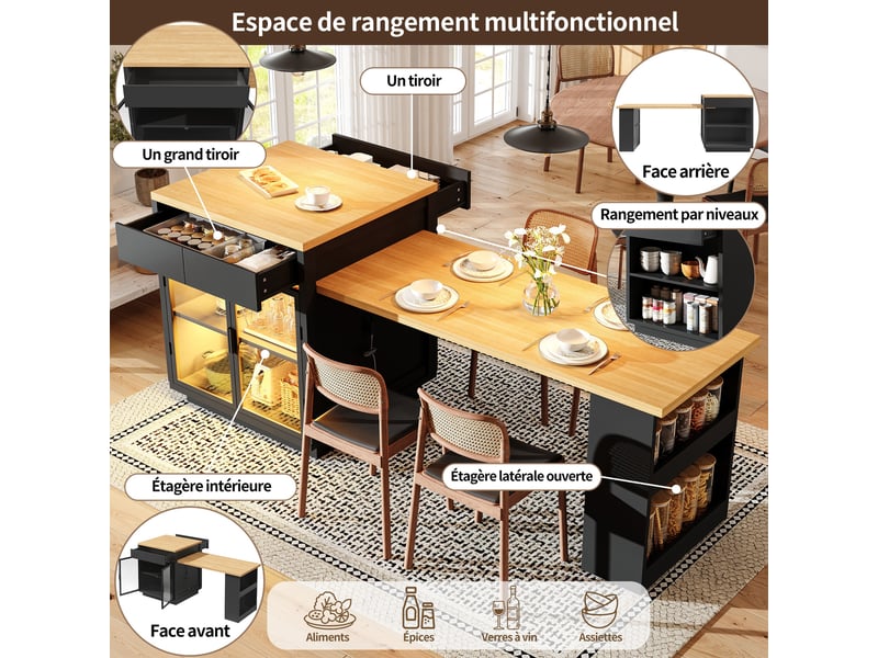 Îlot de cuisine extensible 122–194,5 x 70 x 94 cm, rgb led, vitrine en verre, 2 tiroirs et rangements pour 2 à 6 personnes, noir - Conforama D
