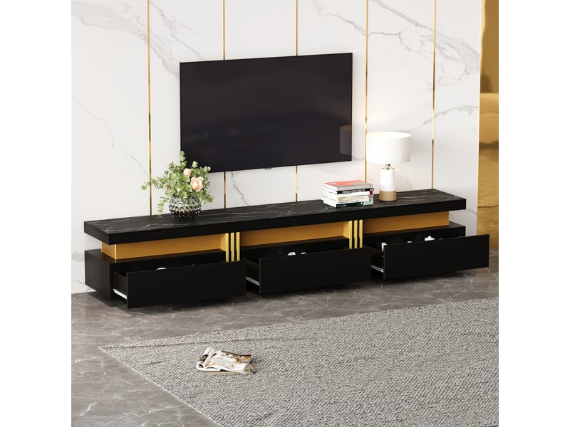  Meuble tv 200x40x42 cm lowboard aspect marbre, trois tiroirs et 1 passe-câbles, commode tv pour téléviseurs jusqu'à 90 pouces  - Conforama R