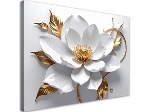 Impression sur toile, fleurs blanches et feuilles d'or 3d 45x30